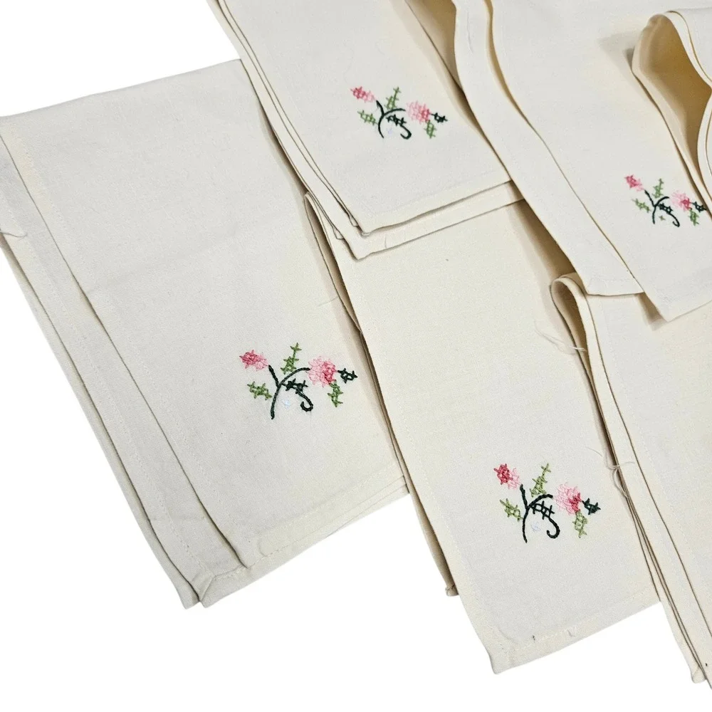 Vintage Set of 10 Ivory‎ Cloth Napkins Pink Floral Cross Stitch Embroidery 15x15